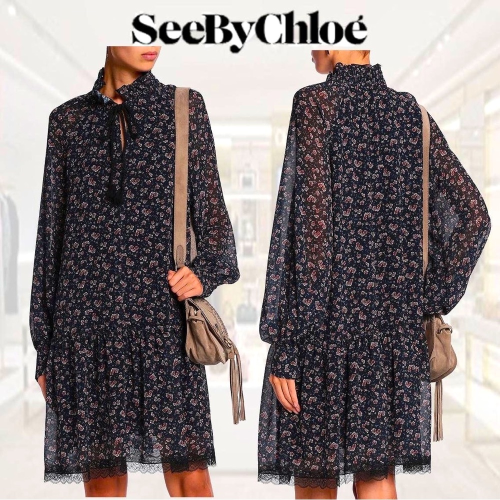 See By Chloe Navy Floral Rose Printed Chiffon Long Sleeve Dress